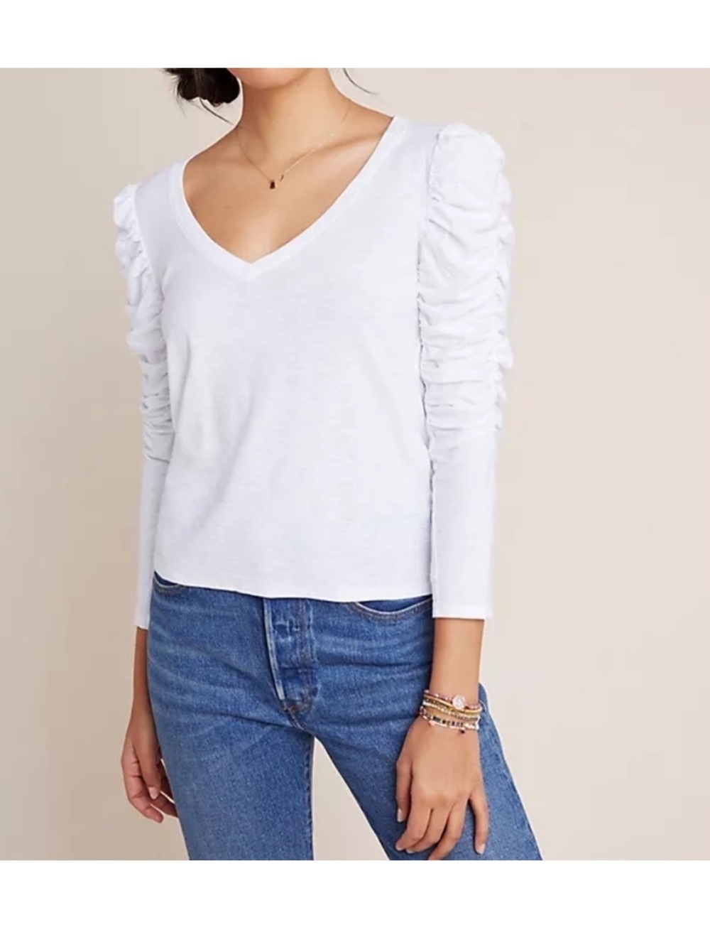 Nation LTD Kristen Ruched Sleeve V Neck Slub Tee White Puff Sleeve Top Small